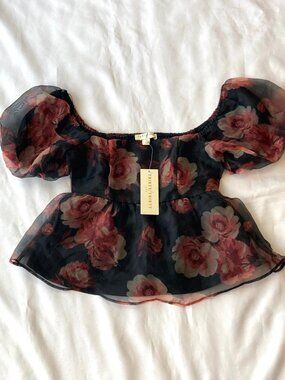 Thirty Thirty Floral Puffed Babydoll Blouse Cropped Womens Small S Black NWT